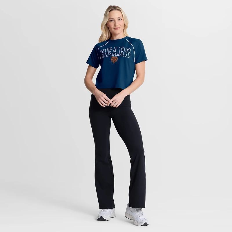 Haut court raglan tri-blend bleu marine pour femme de la marque Fanatics, motif offensif des Chicago Bears.