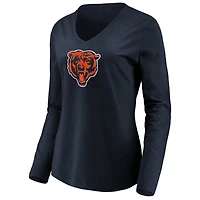 T-shirt à manches longues et col en V avec logo principal des Chicago Bears Fanatics pour femmes bleu marine