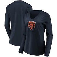T-shirt à manches longues et col en V avec logo principal des Chicago Bears Fanatics pour femmes bleu marine