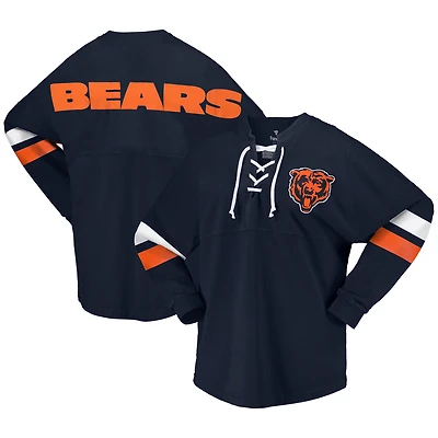 T-shirt à manches longues et col en V jersey Fanatics pour femmes, bleu marine, Chicago Bears Spirit, lacets