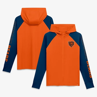Sweat à capuche zippé raglan Chicago Bears Cornerback Blitz pour femme, orange et marine, de la marque Fanatics.