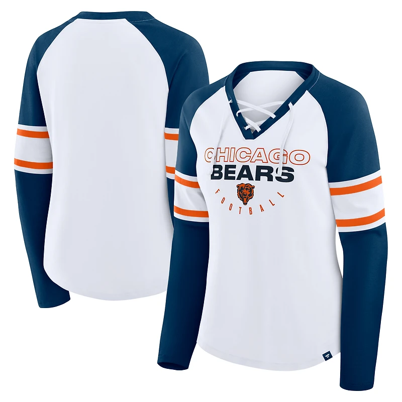 T-shirt à manches longues et col en V lacets pour femme, blanc/bleu marine, Chicago Bears Redzone Blitz Package