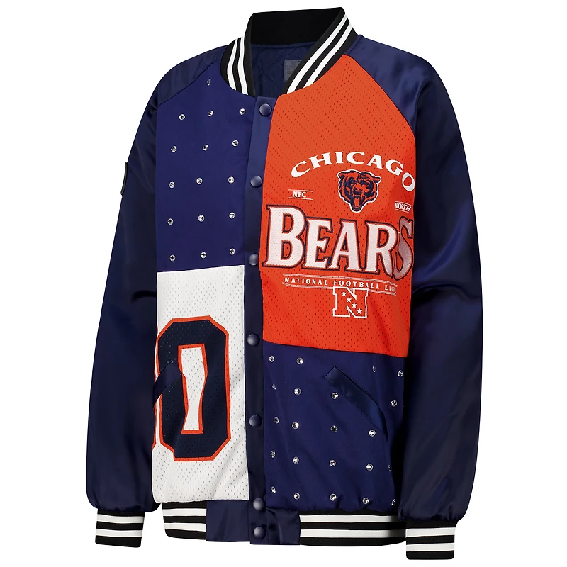 Veste aviateur surdimensionnée Gameday Couture bleu marine/orange Chicago Bears pour femme avec strass et boutons-pression