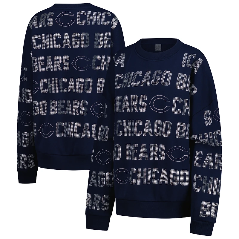 Women's Gameday Couture Navy Chicago Bears Oversized Hype Era Rhinestone Text Sweatshirt