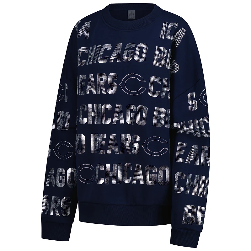 Women's Gameday Couture Navy Chicago Bears Oversized Hype Era Rhinestone Text Sweatshirt