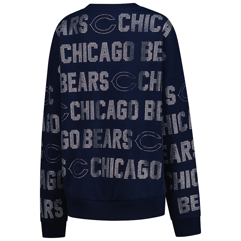 Women's Gameday Couture Navy Chicago Bears Oversized Hype Era Rhinestone Text Sweatshirt
