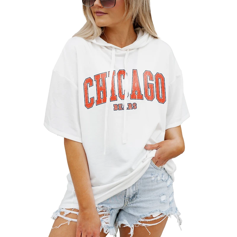 Women's Gameday Couture White Chicago Bears Oversized Chic Captain French Terry Short Sleeve Pullover Hoodie