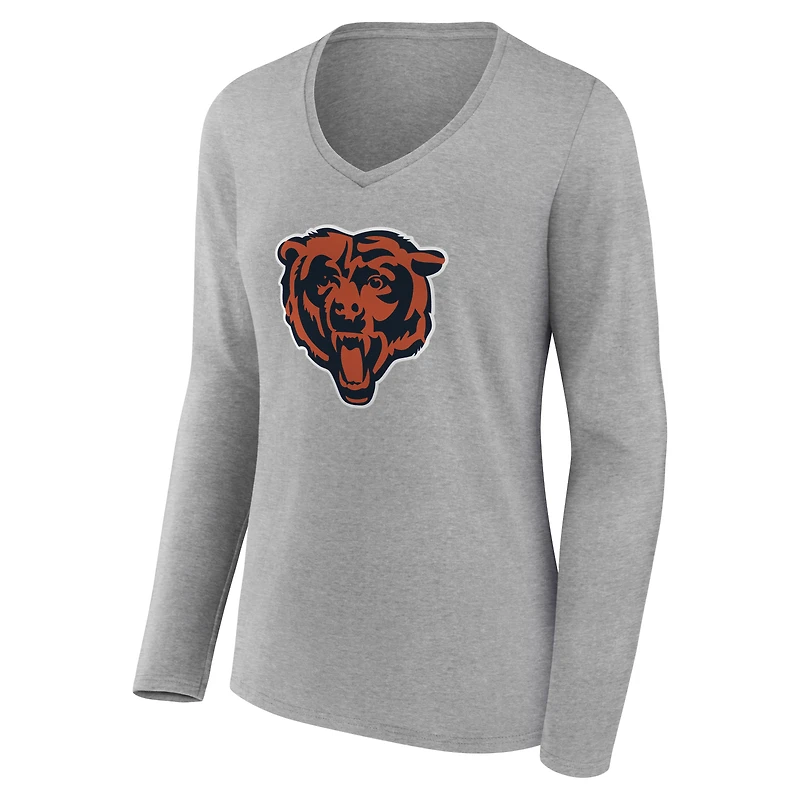 T-shirt à manches longues et col en V authentique personnalisé avec nom numéro des Chicago Bears pour femmes, gris