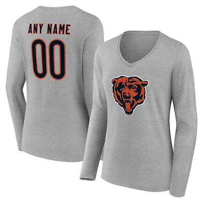 Women's Gray Chicago Bears Team Authentic Personalized Name & Number Long Sleeve V-Neck T-Shirt