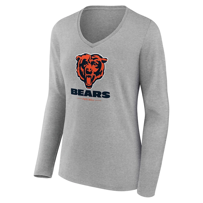 T-shirt gris à manches longues et col en V pour femme Chicago Bears Team Lockup