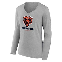 T-shirt gris à manches longues et col en V pour femme Chicago Bears Team Lockup