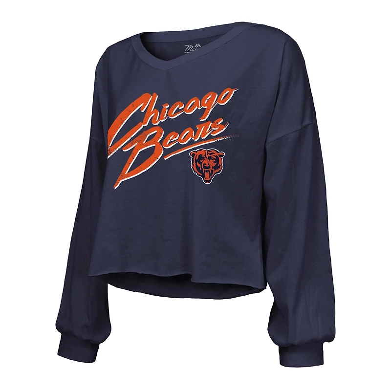 Women's Majestic Threads Caleb Williams Navy Chicago Bears Name & Number Off-Shoulder Script Cropped Long Sleeve Relaxed V-Neck T-Shirt