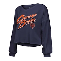 Women's Majestic Threads Caleb Williams Navy Chicago Bears Name & Number Off-Shoulder Script Cropped Long Sleeve Relaxed V-Neck T-Shirt