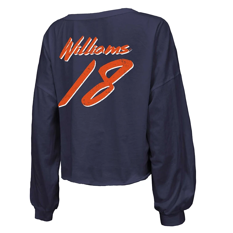 T-shirt court à manches longues et col en V pour femme Majestic Threads Caleb Williams bleu marine avec nom numéro des Chicago Bears, épaules dénudées inscription