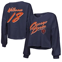 T-shirt court à manches longues et col en V pour femme Majestic Threads Caleb Williams bleu marine avec nom numéro des Chicago Bears, épaules dénudées inscription