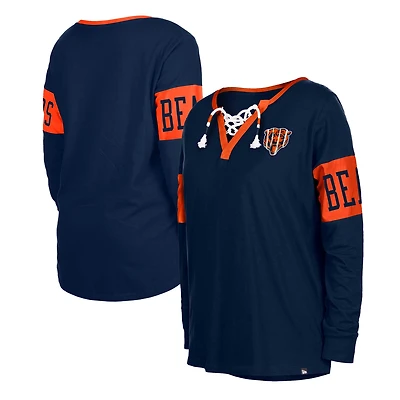 T-shirt à manches longues et col cranté Chicago Bears New Era pour femme bleu marine
