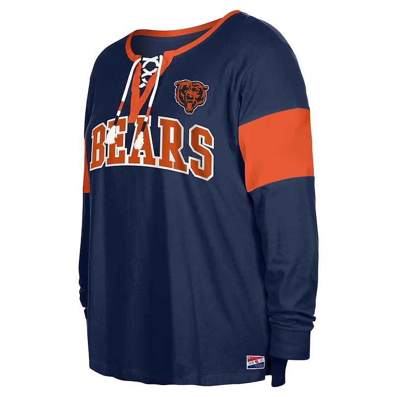 T-shirt à manches longues lacets et col cranté New Era pour femme, bleu marine, Chicago Bears, grande taille