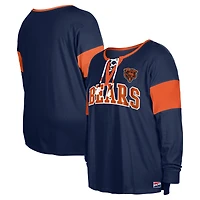 T-shirt à manches longues lacets et col cranté New Era pour femme, bleu marine, Chicago Bears, grande taille
