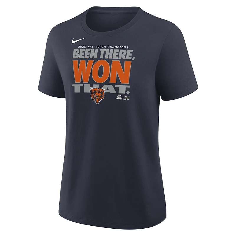 T-shirt Nike bleu marine pour femme, collection trophées des Chicago Bears, champions de la division NFC Nord 2025