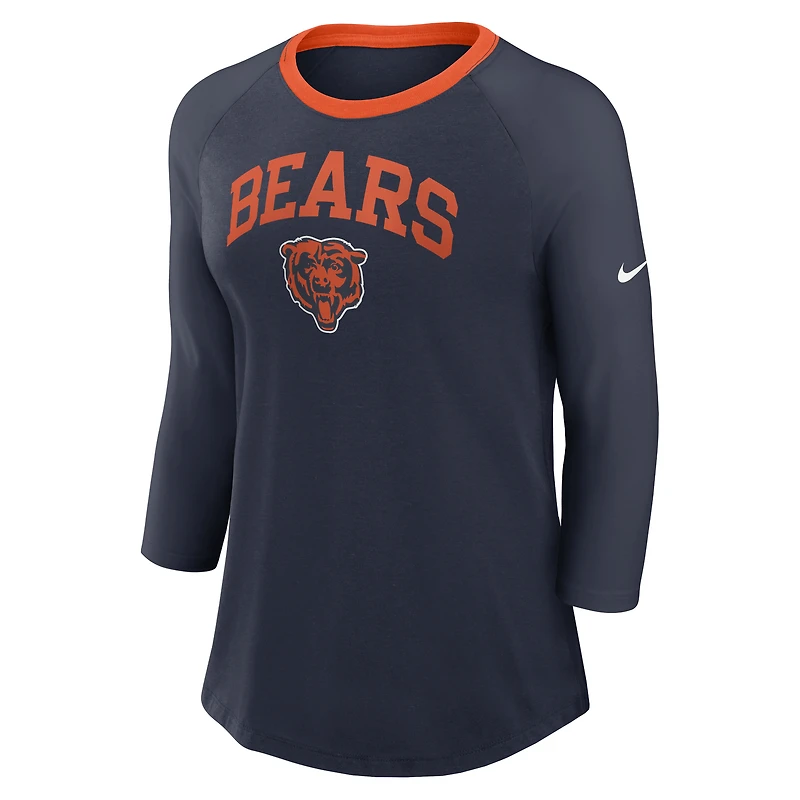 T-shirt raglan à manches 3/4 Nike pour femmes, bleu marine, Chicago Bears
