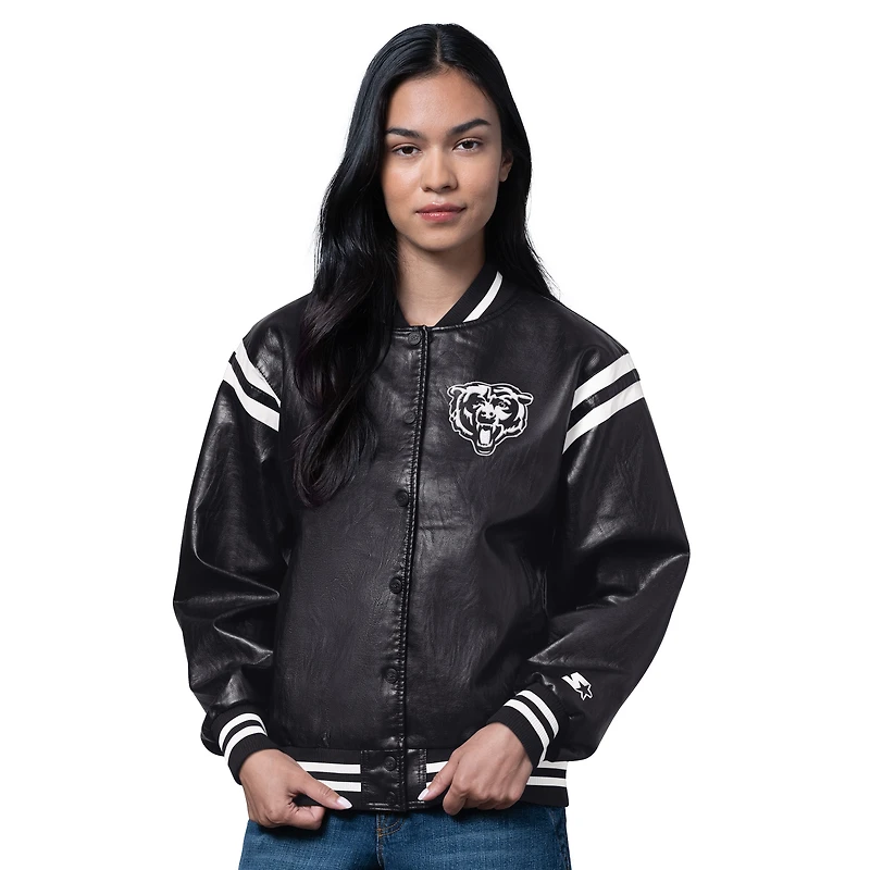 Veste universitaire en cuir végétalien haute température noire pour femme des Chicago Bears, avec boutons-pression