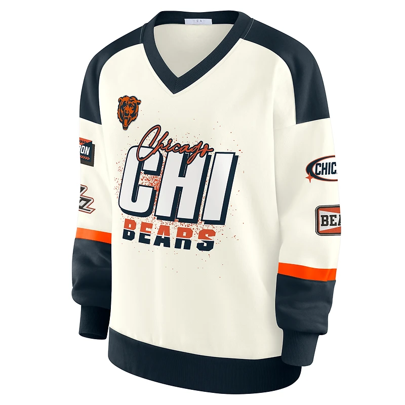 Women's WEAR by Erin Andrews  Cream Chicago Bears Racing Crew V-Neck Sweatshirt