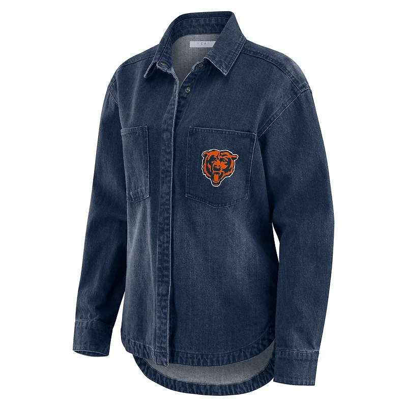 Women's WEAR by Erin Andrews Denim Chicago Bears Washed Oversized Full-Snap Shacket