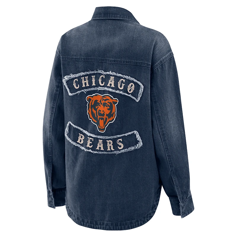 Women's WEAR by Erin Andrews Denim Chicago Bears Washed Oversized Full-Snap Shacket