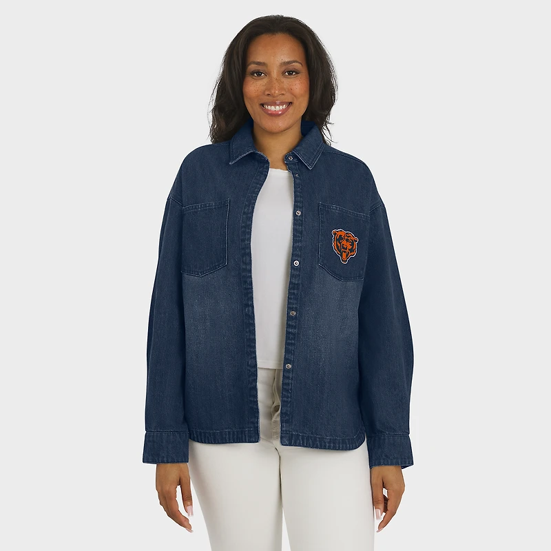 Women's WEAR by Erin Andrews Denim Chicago Bears Washed Oversized Full-Snap Shacket