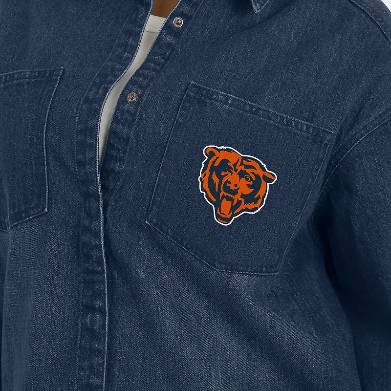 Women's WEAR by Erin Andrews Denim Chicago Bears Washed Oversized Full-Snap Shacket