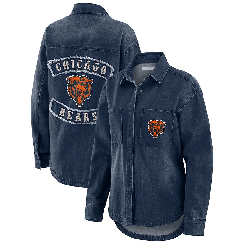 Women's WEAR by Erin Andrews Denim Chicago Bears Washed Oversized Full-Snap Shacket