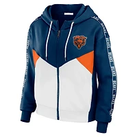 Women's WEAR by Erin Andrews Navy/White Chicago Bears Color Block Light Weight Modest Crop Full-Zip Hoodie