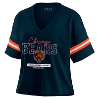Women's WEAR by Erin Andrews Navy Chicago Bears Color Block Boxy Modest Crop V-Neck T-Shirt