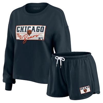 Women's WEAR by Erin Andrews Navy Chicago Bears Heavy Rugby Jersey Long Sleeve T-Shirt & Shorts Lounge Set