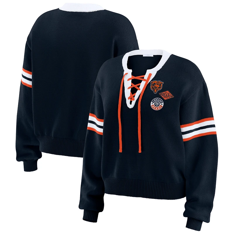 Women's WEAR by Erin Andrews Navy Chicago Bears Lace-Up Sweater
