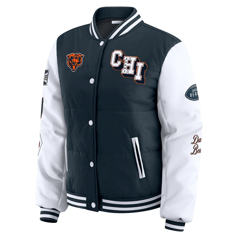 Women's WEAR by Erin Andrews Navy Chicago Bears Varsity Full-Snap Puffer Jacket