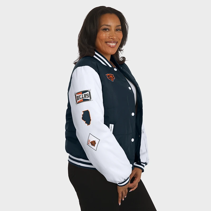 Women's WEAR by Erin Andrews Navy Chicago Bears Varsity Full-Snap Puffer Jacket
