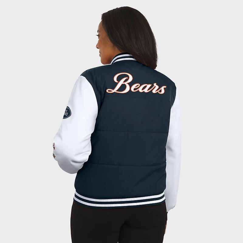 Women's WEAR by Erin Andrews Navy Chicago Bears Varsity Full-Snap Puffer Jacket