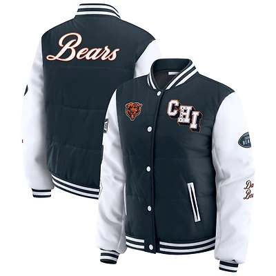 Women's WEAR by Erin Andrews Navy Chicago Bears Varsity Full-Snap Puffer Jacket