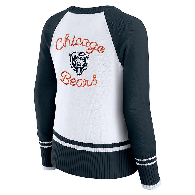 Women's WEAR by Erin Andrews White/Navy Chicago Bears Colorblock Raglan Sweater