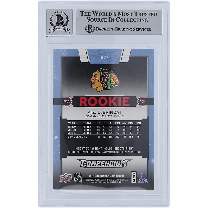 Alex DeBrincat Chicago Blackhawks dédicacé 2017-18 Upper Deck Compendium Blue # 877 Beckett Fanatics témoin authentifié 10 Rookie Card