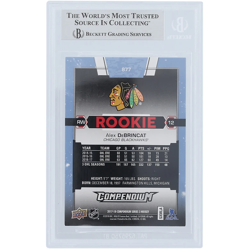 Carte de recrue authentifiée signée Alex DeBrincat Chicago Blackhawks 2017-18 Upper Deck Compendium Blue #877 Beckett Fanatics Witnessed