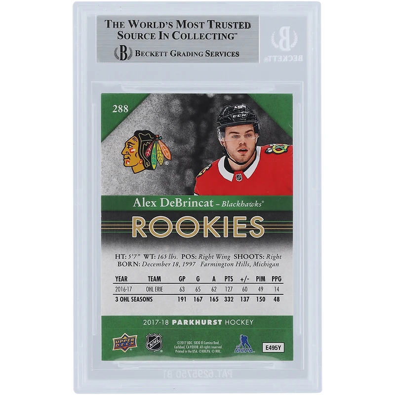 Carte de recrue authentifiée autographiée par Alex DeBrincat des Chicago Blackhawks 2017-18 Upper Deck Parkhurst #288 Beckett Fanatics Witnessed