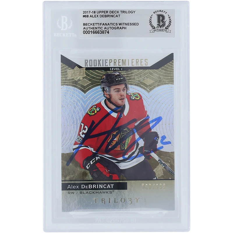 Alex DeBrincat Chicago Blackhawks Autographié 2017-18 Upper Deck Trilogy Rookie Premieres #68 #/999 Beckett Fanatics A Vu La Carte Rookie Authentifiée