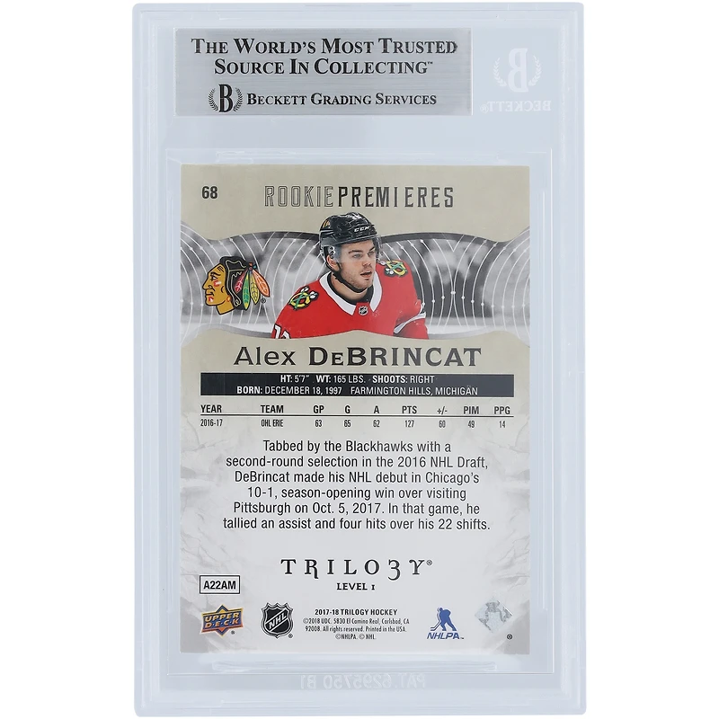 Alex DeBrincat Chicago Blackhawks Autographié 2017-18 Upper Deck Trilogy Rookie Premieres #68 #/999 Beckett Fanatics A Vu La Carte Rookie Authentifiée