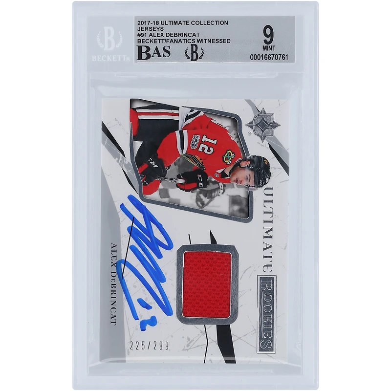 Alex DeBrincat Chicago Blackhawks dédicacés 2017-18 Upper Deck Ultimate Collection Maillots Red Relic #91 #/299 Beckett Fanatics Témoin authentifié 9/10 Rookie Card