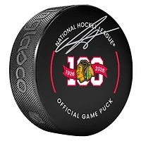 Rondelle de match officielle autographiée par Anton Frondell des Blackhawks de Chicago, commémorant le 100e anniversaire
