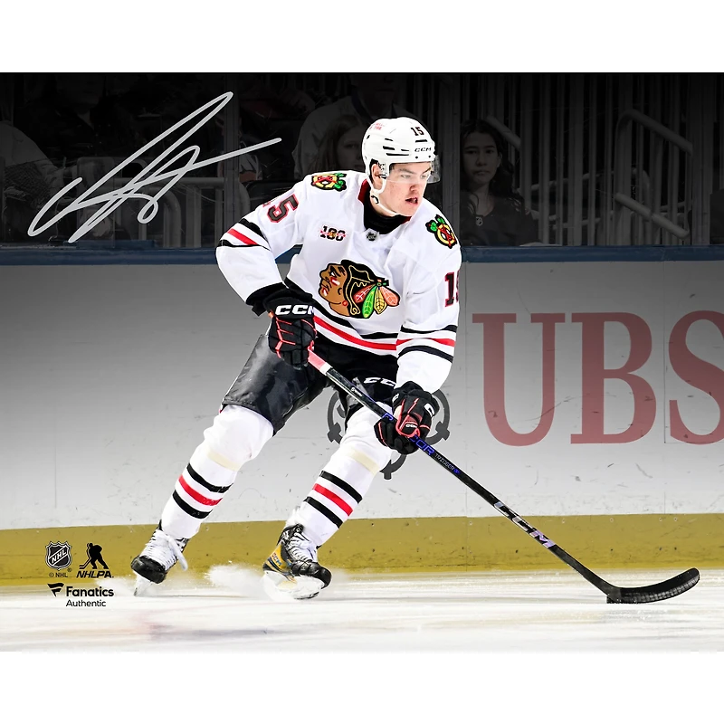 Photo dédicacée d'Anton Frondell, joueur des Blackhawks de Chicago, 40 x 50 cm (16 x 20 pouces), lors de ses débuts en LNH.