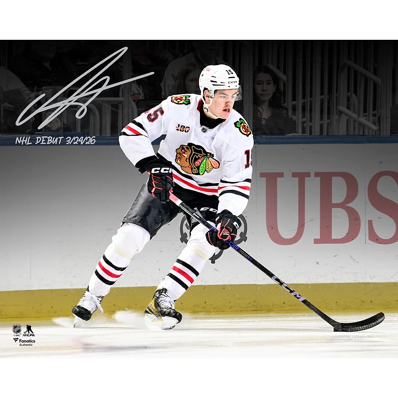Photo dédicacée d'Anton Frondell, joueur des Blackhawks de Chicago, format 40 x 50 cm, commémorant ses débuts en LNH, avec inscription « Débuts en LNH le 24/03/2026 ».