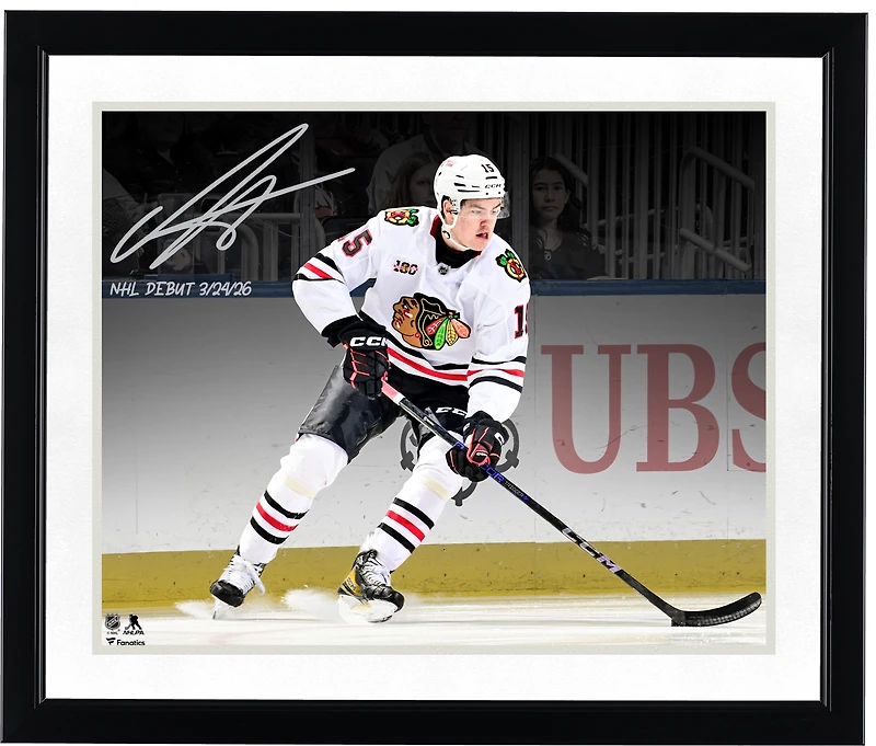 Anton Frondell Chicago Blackhawks Autographed 16" x 20" NHL Debut Spotlight Photograph with "NHL Debut 3/24/26" Inscription